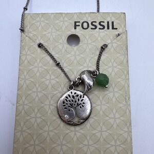 Fossil Tree of Life w Bird Silver Tone Charm Necklace Semi Precious Green Stone
